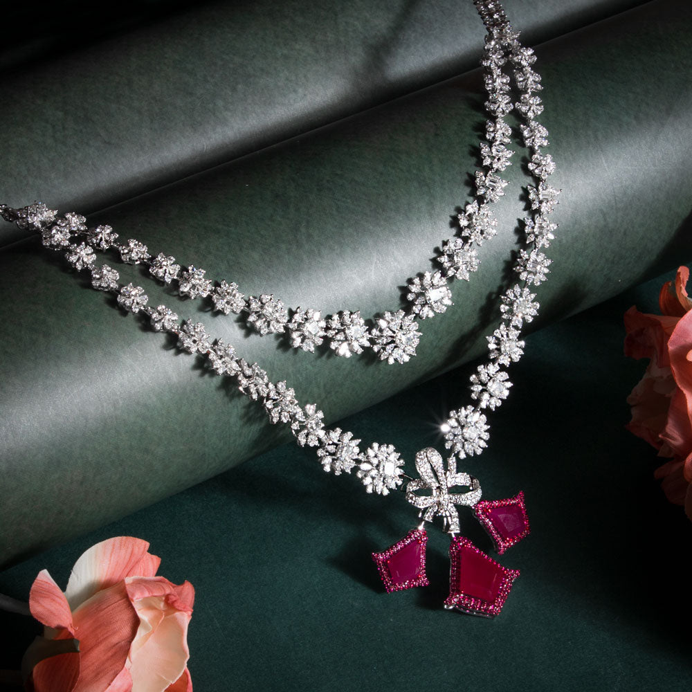 18K White Gold Diamond Necklace - 24.092ct VVS-VS-EF with Colour Stones