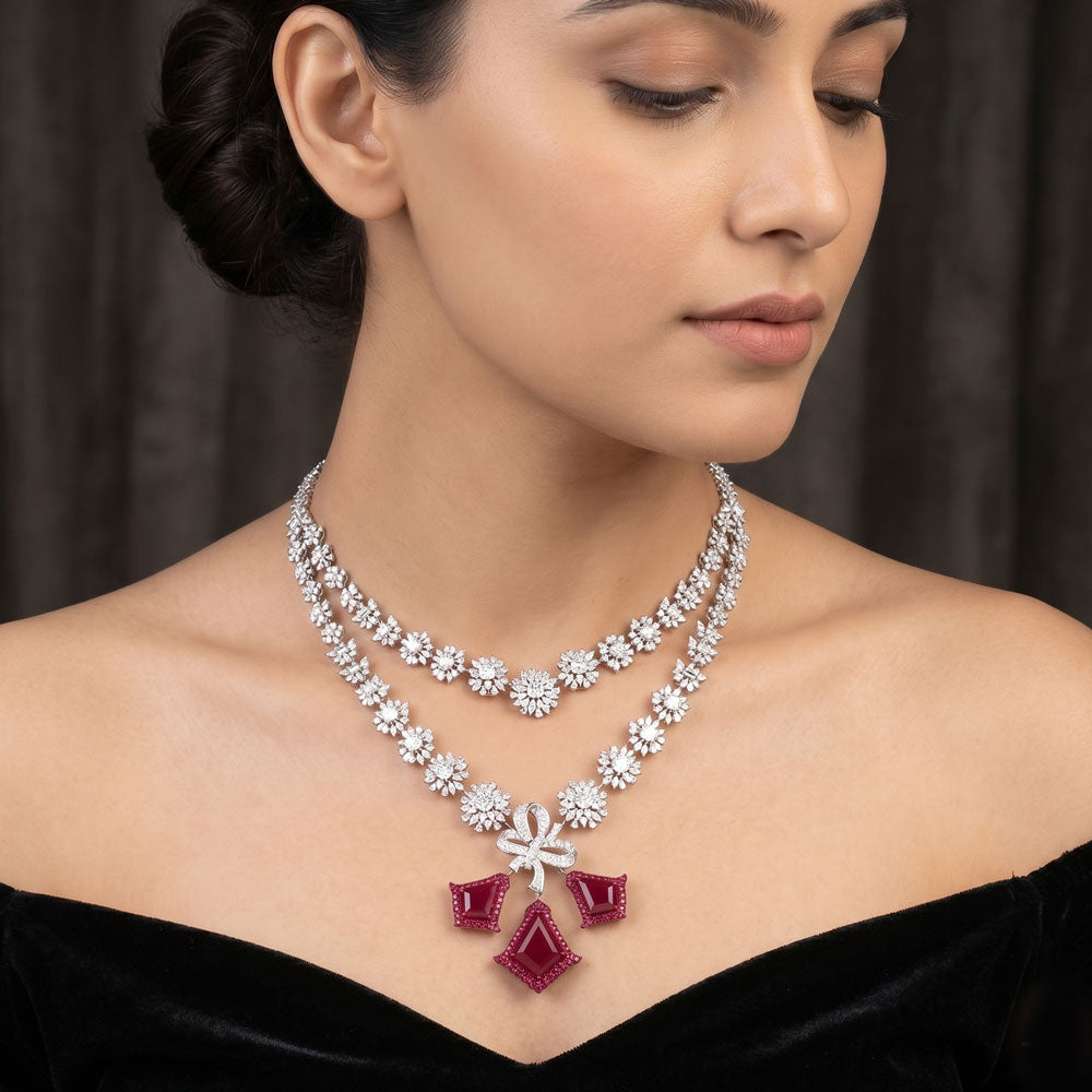 18K White Gold Diamond Necklace - 24.092ct VVS-VS-EF with Colour Stones