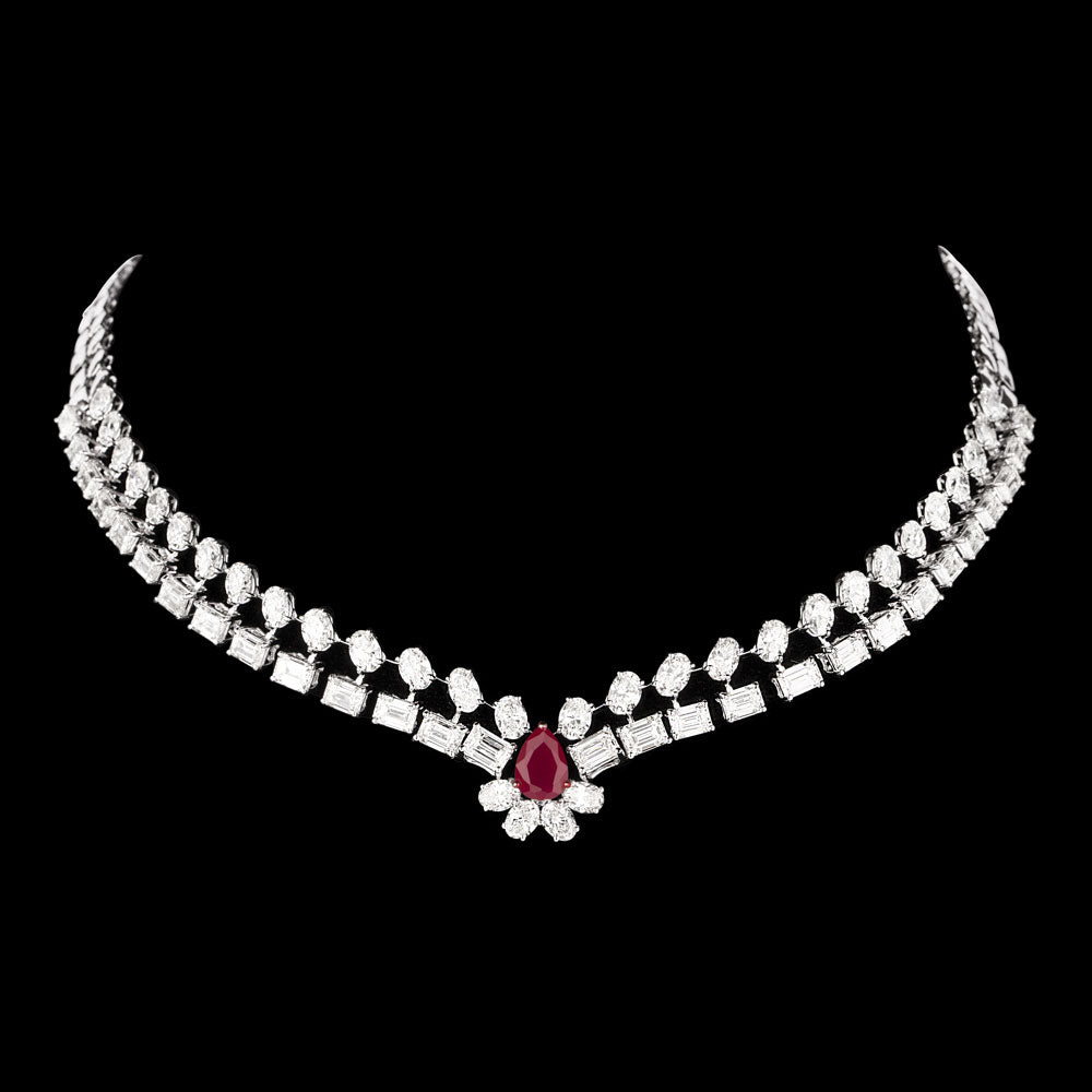18K White Gold Diamond Necklace - 25.876ct VVS-VS-HI with Colour Stones