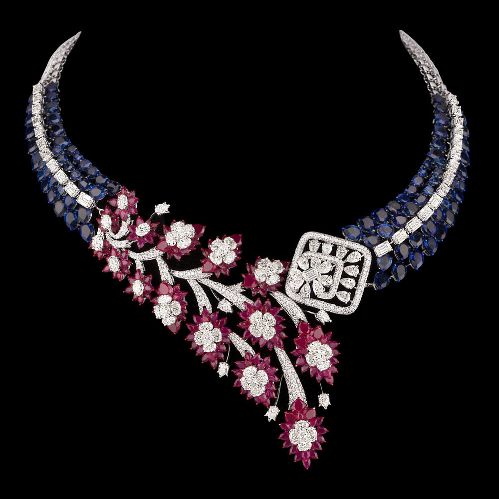 18K White Gold Diamond Necklace - 32.892ct VVS-VS-HI with Colour Stones