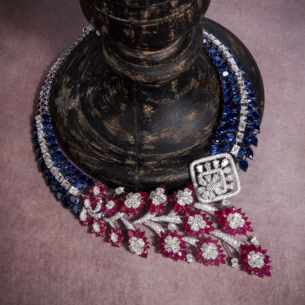 18K White Gold Diamond Necklace - 32.892ct VVS-VS-HI with Colour Stones