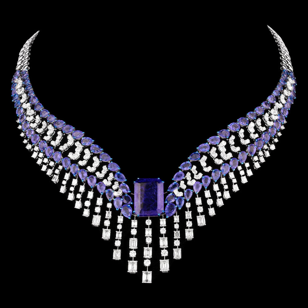 18K White Gold Diamond Necklace - 13.646ct VVS-VS-GH with Colour Stones