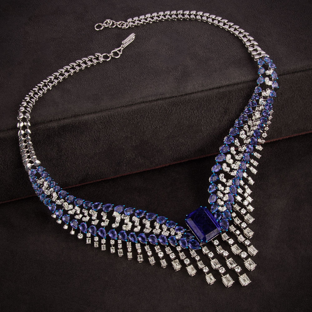 18K White Gold Diamond Necklace - 13.646ct VVS-VS-GH with Colour Stones