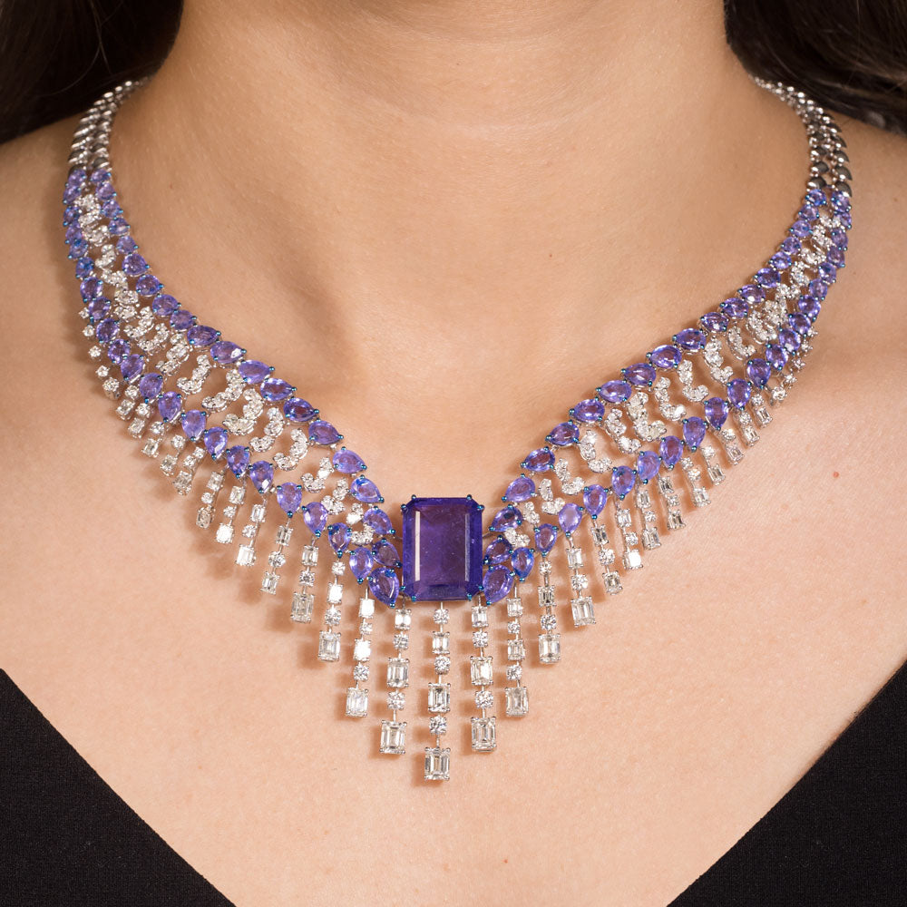 18K White Gold Diamond Necklace - 13.646ct VVS-VS-GH with Colour Stones