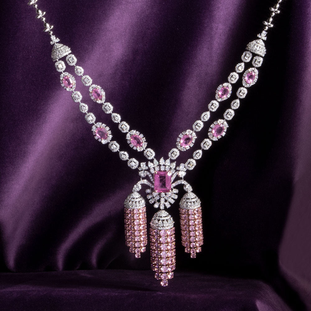 18K White Gold Diamond Necklace - 13.97ct VVS-EF with Colour Stones