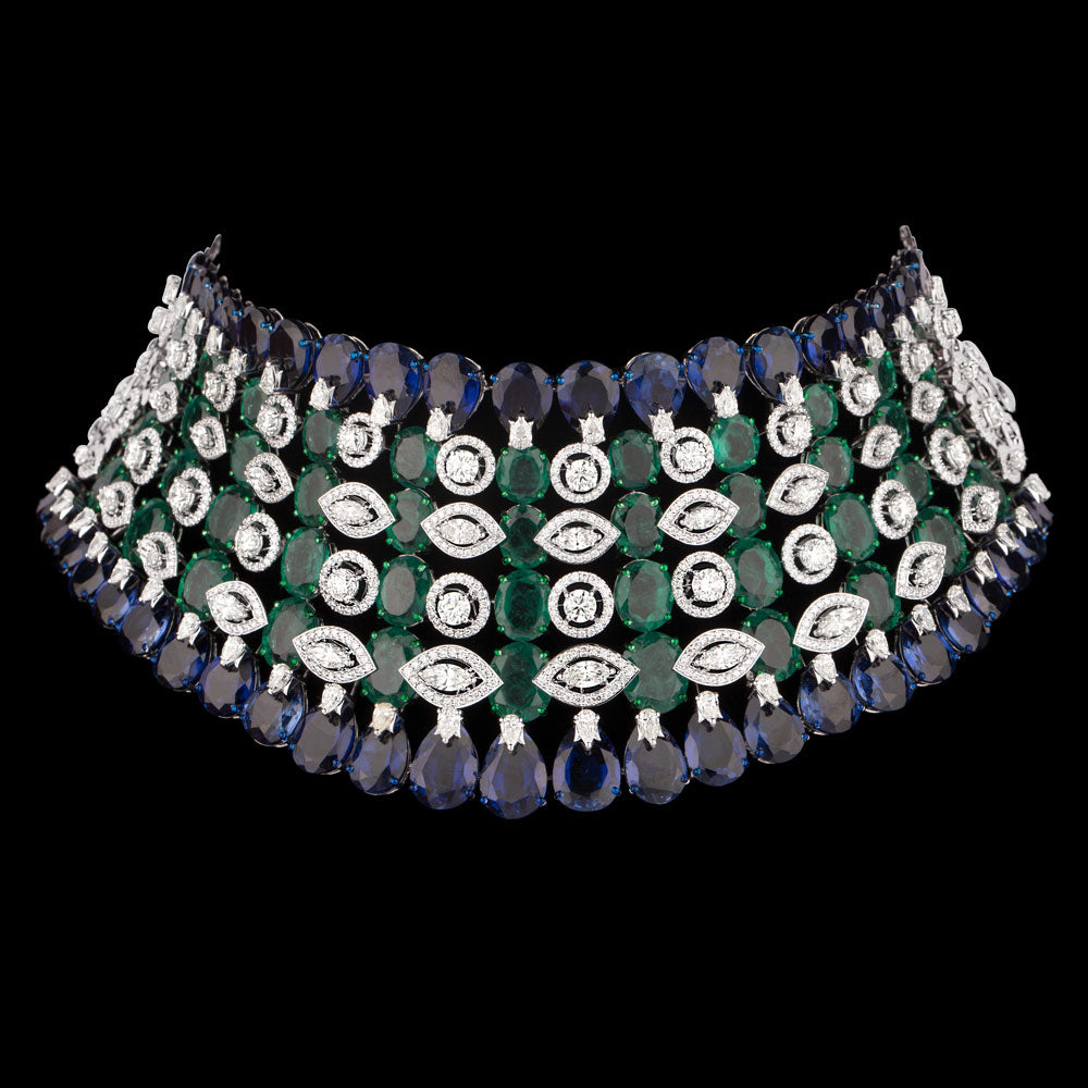 18K White Gold Diamond Necklace - 28.644ct VVS-VS-JK with Colour Stones