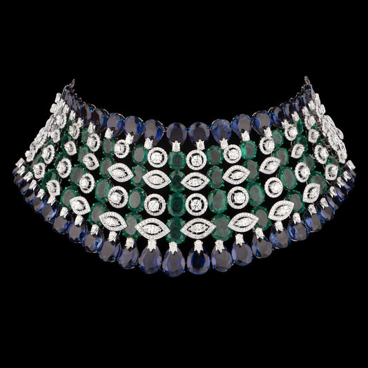 18K White Gold Diamond Necklace - 28.644ct VVS-VS-JK with Colour Stones