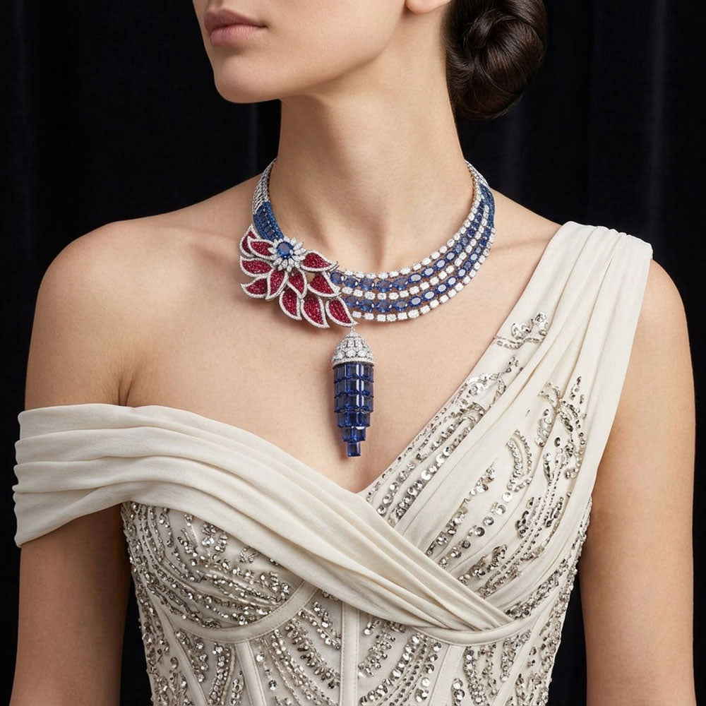 18K White Gold Diamond Necklace - 31.101ct VVS-VS-HI with Colour Stones