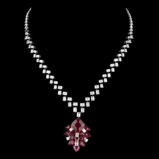 18K White Gold Diamond Necklace - 19.12ct VVS-VS-GH with Colour Stones