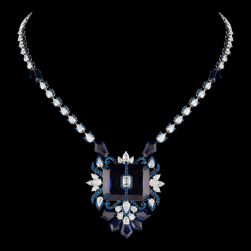 14K White Gold Diamond Necklace - 13.653ct VVS-VS-HI with Colour Stones