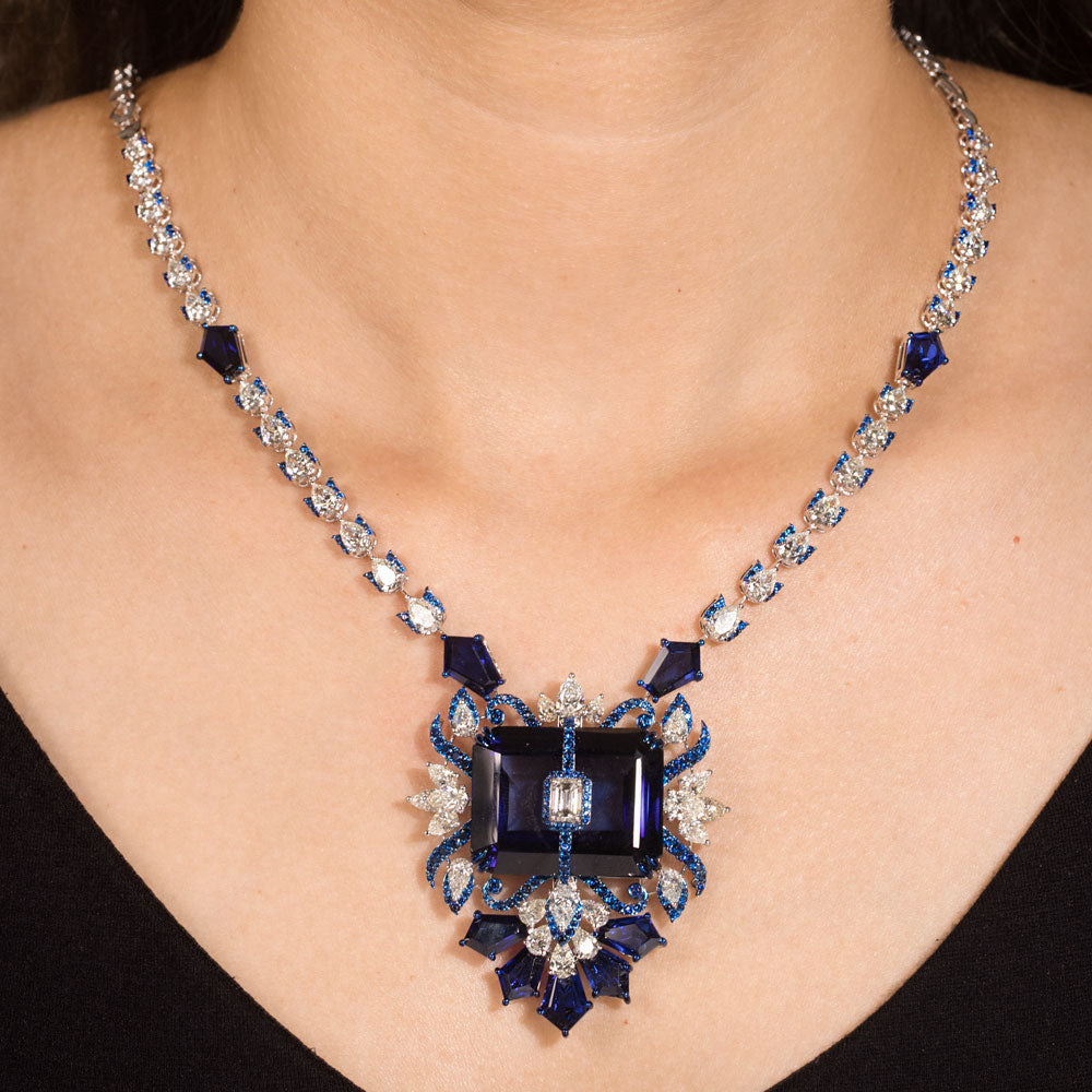 14K White Gold Diamond Necklace - 13.653ct VVS-VS-HI with Colour Stones