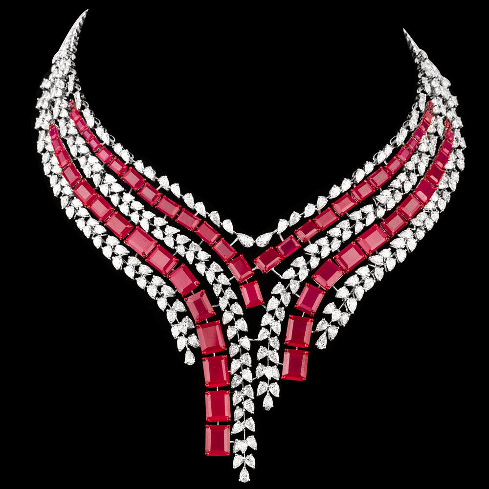 14K White Gold Diamond Necklace - 40.943ct VVS-VS-JK with Colour Stones