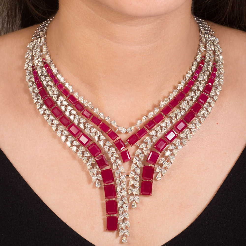 14K White Gold Diamond Necklace - 40.943ct VVS-VS-JK with Colour Stones