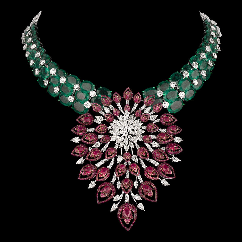 14K White Gold Diamond Necklace - 23.665ct VVS-VS-IJ with Colour Stones