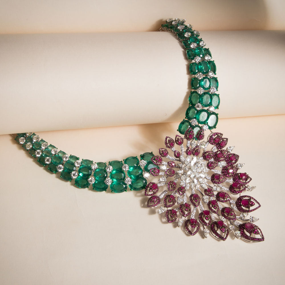 14K White Gold Diamond Necklace - 23.665ct VVS-VS-IJ with Colour Stones