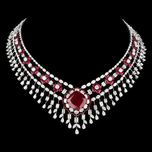 14K White Gold Diamond Necklace - 47.26ct VVS-VS-GH with Colour Stones