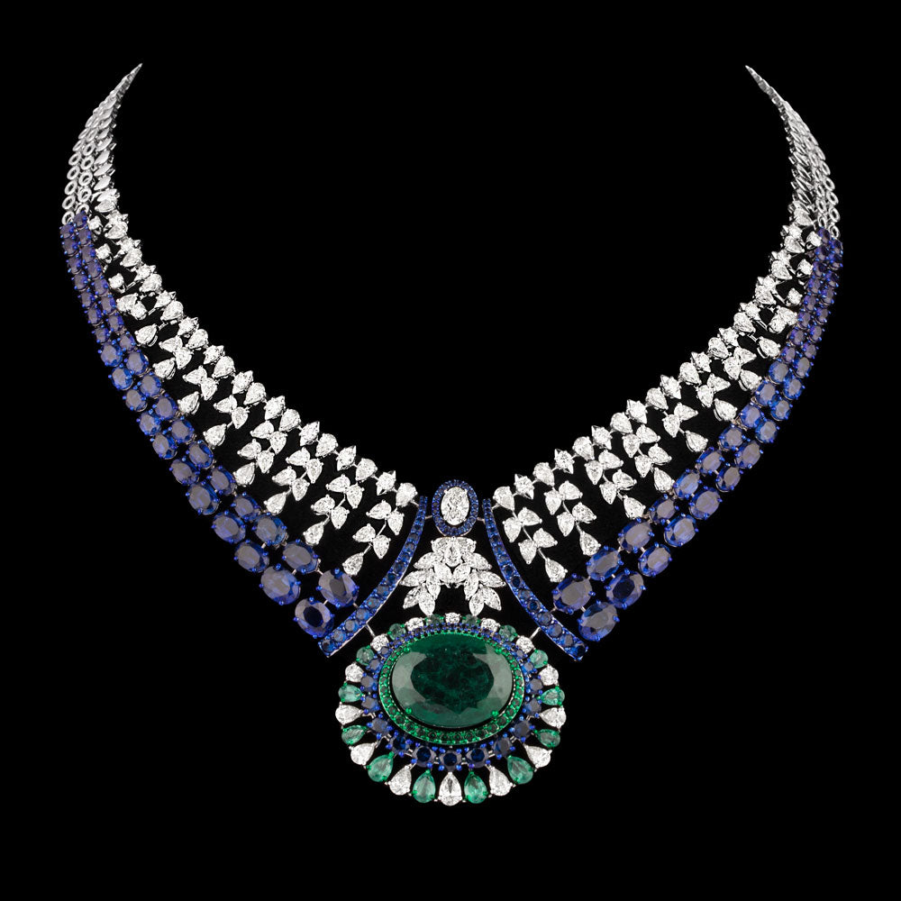 14K White Gold Diamond Necklace - 22.473ct VVS-VS-JK with Colour Stones