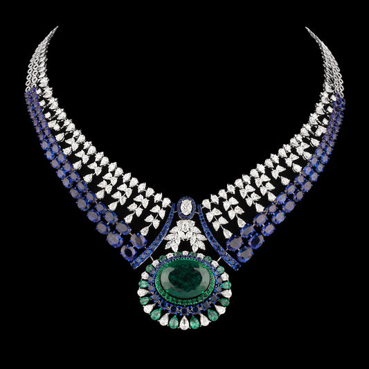 14K White Gold Diamond Necklace - 22.473ct VVS-VS-JK with Colour Stones