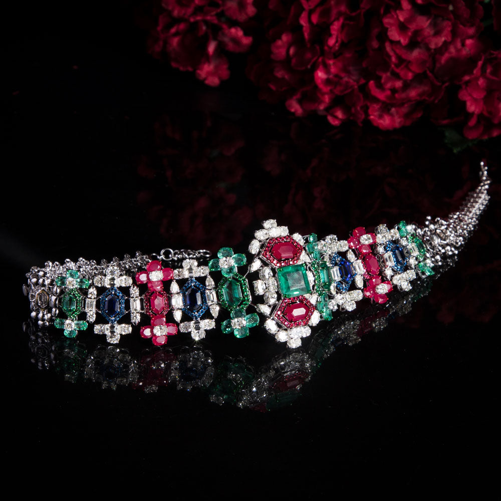 18K White Gold Diamond Necklace - 22.713ct VVS-VS-HI with Colour Stones