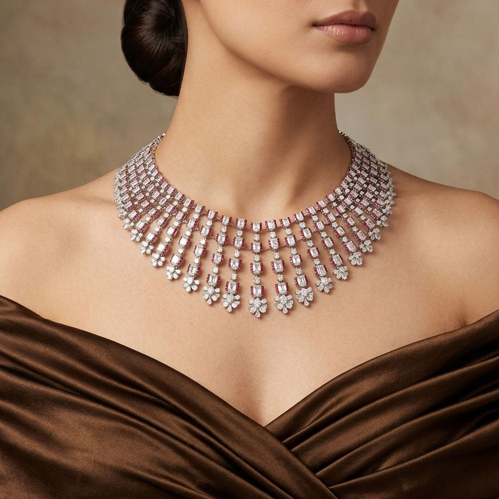 18K White Gold Diamond Necklace - 43.437ct VVS-VS-FG with Colour Stones