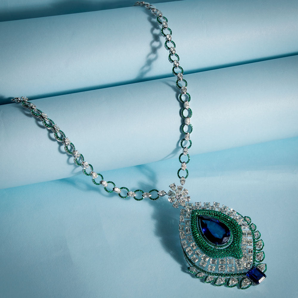 18K White Gold Diamond Necklace - 22.826ct VS-SI-HI with Colour Stones