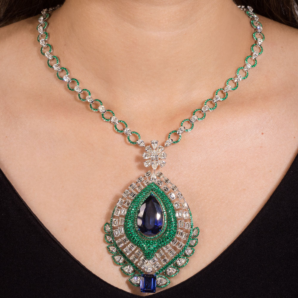 18K White Gold Diamond Necklace - 22.826ct VS-SI-HI with Colour Stones