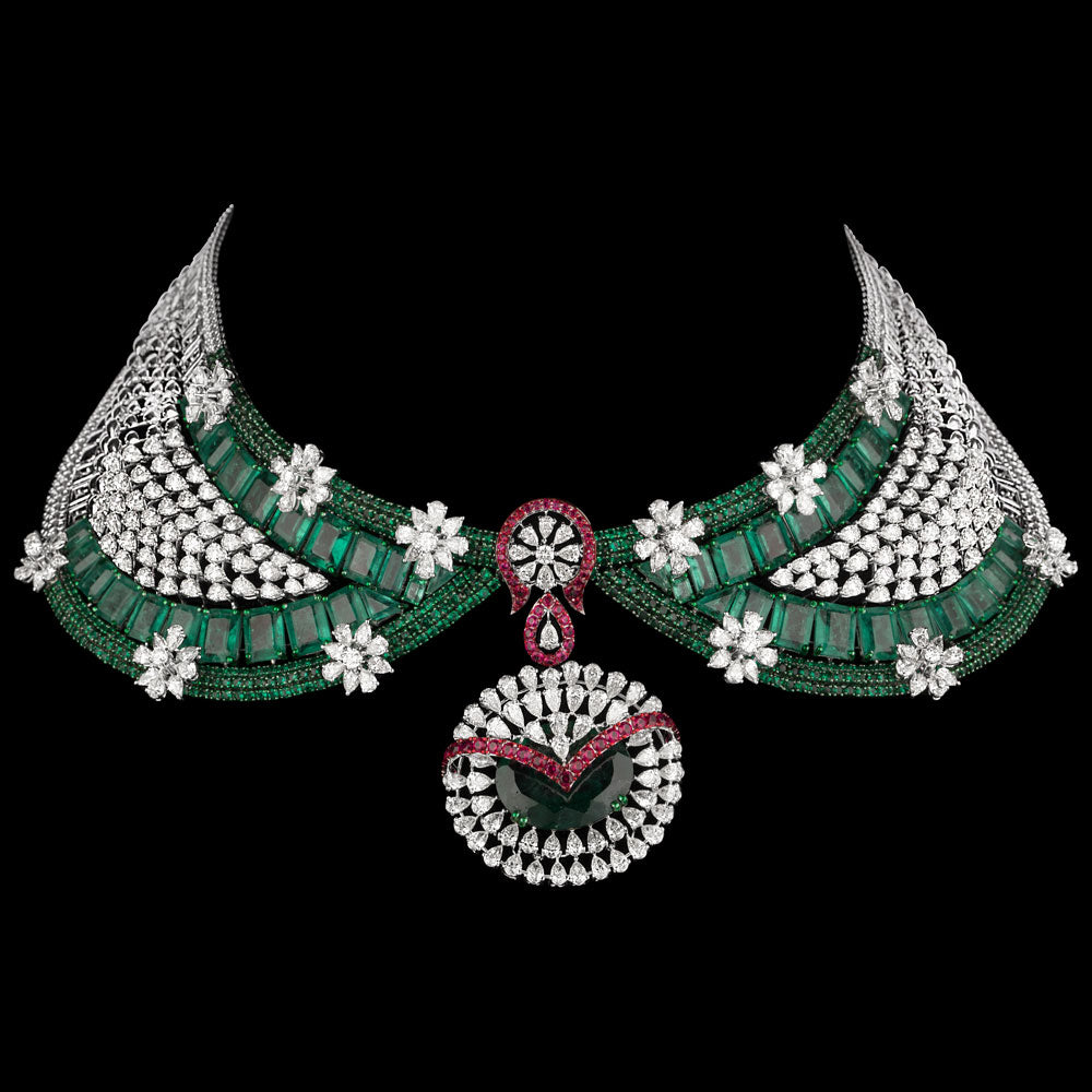 14K White Gold Diamond Necklace - 37.262ct VS-SI-JK with Colour Stones