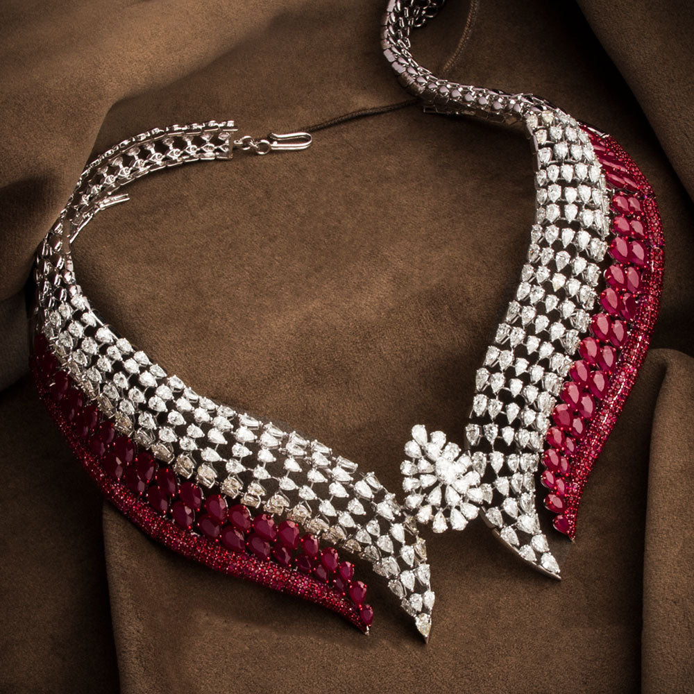 14K White Gold Diamond Necklace - 39.458ct VS-SI-JK with Colour Stones
