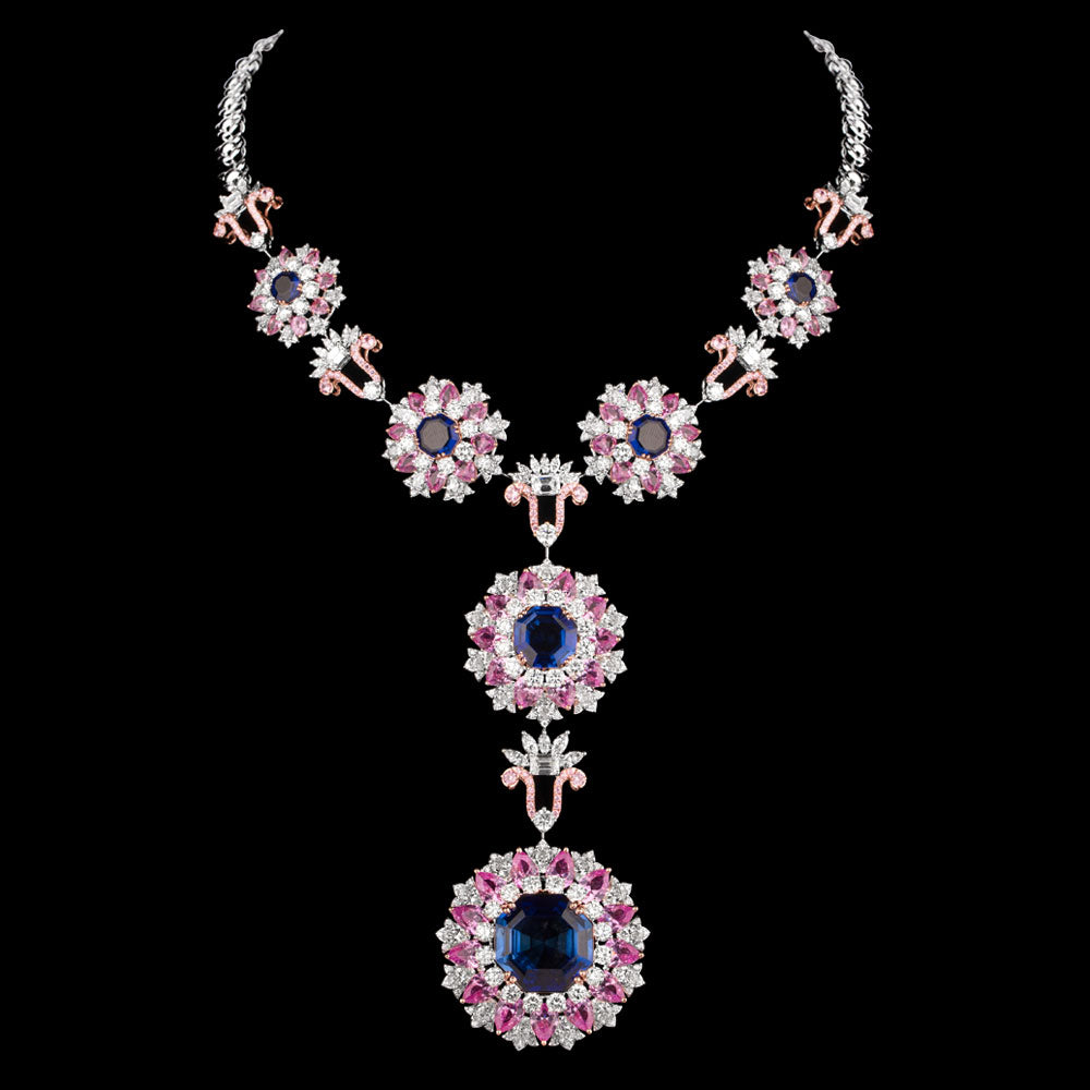18K White Gold Diamond Necklace - 24.381ct VS-SI-FG with Colour Stones