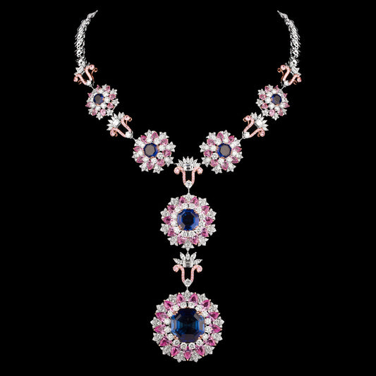 18K White Gold Diamond Necklace - 24.381ct VS-SI-FG with Colour Stones