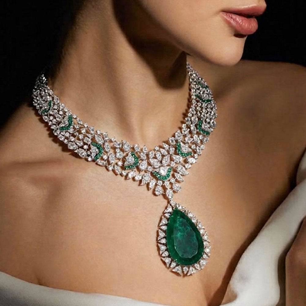 14K White Gold Diamond Necklace - 47.251ct VVS-VS-IJ with Colour Stones