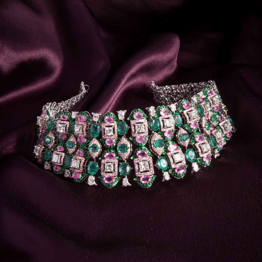 14K White Gold Diamond Necklace - 16.36ct VVS-VS-HI with Colour Stones