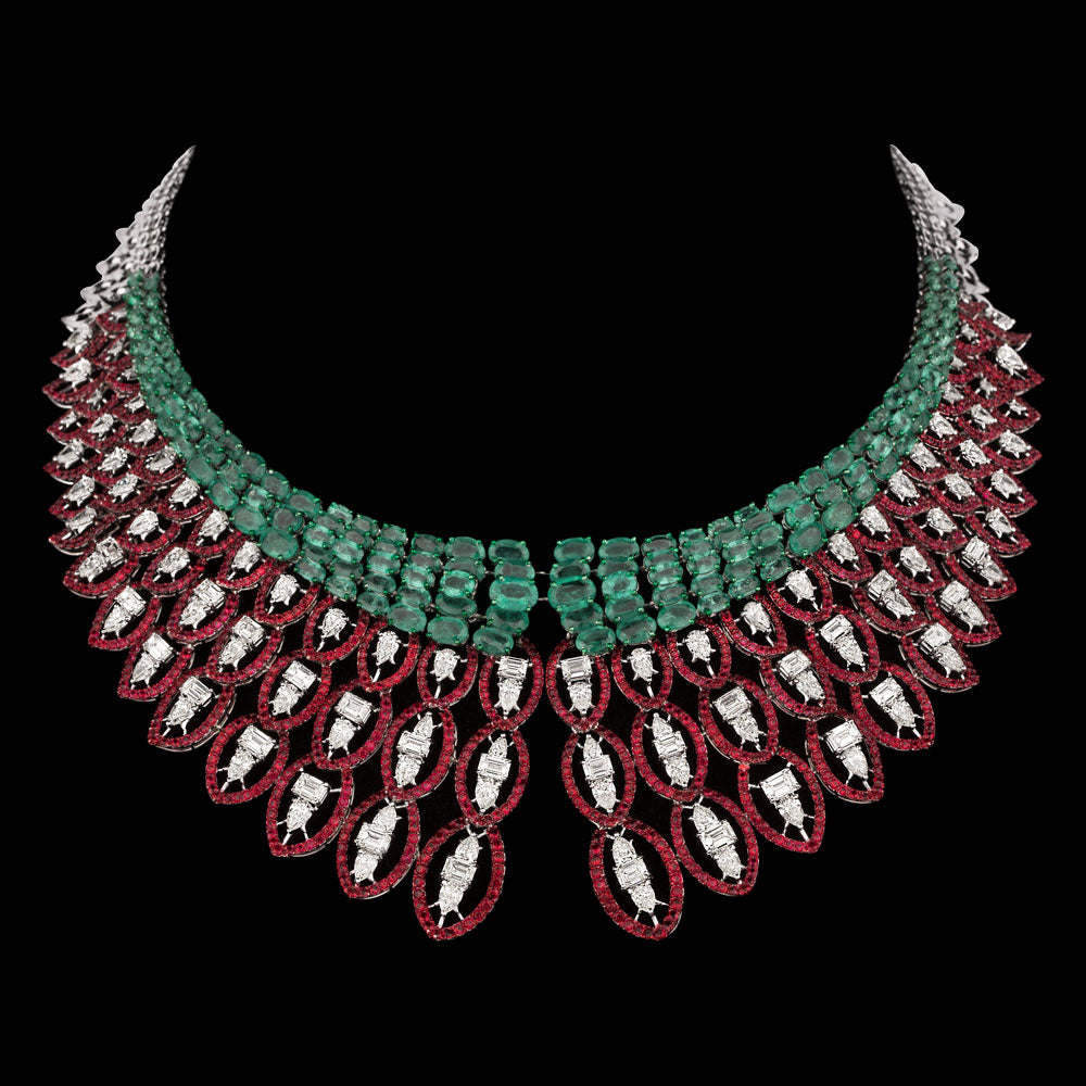 14K White Gold Diamond Necklace - 24.251ct VVS-VS-HI with Colour Stones