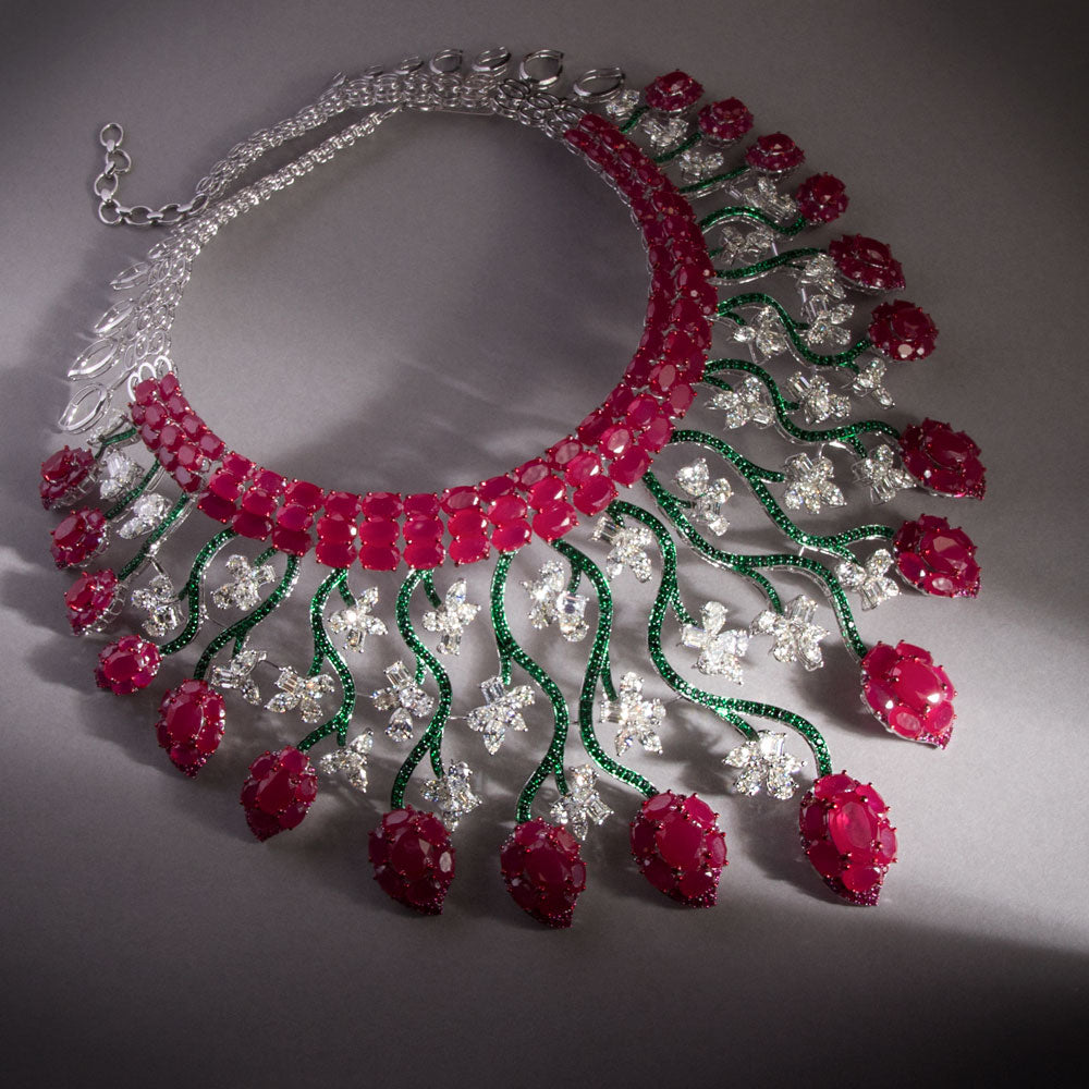 14K White Gold Diamond Necklace - 39.715ct VVS-VS-HI with Colour Stones