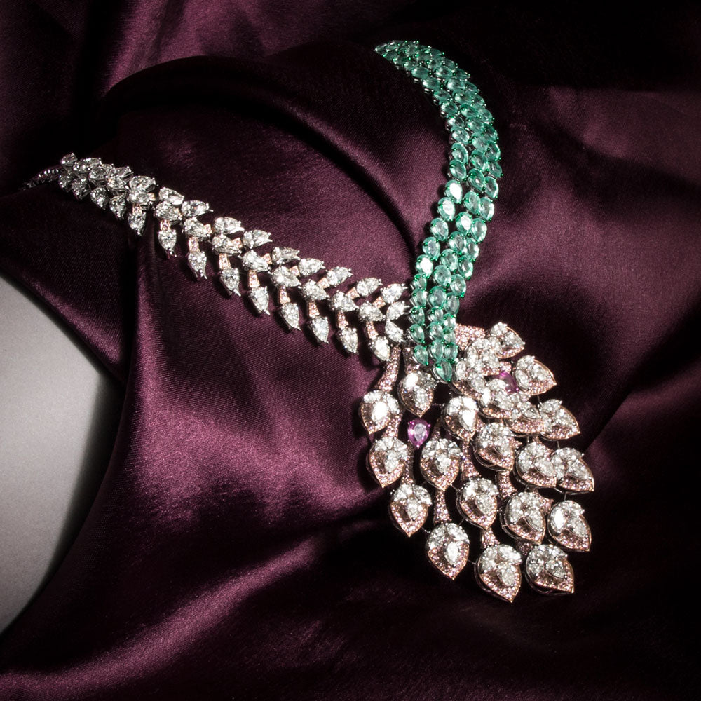 14K White Gold Diamond Necklace - 34.788ct VS-SI-IJ with Colour Stones