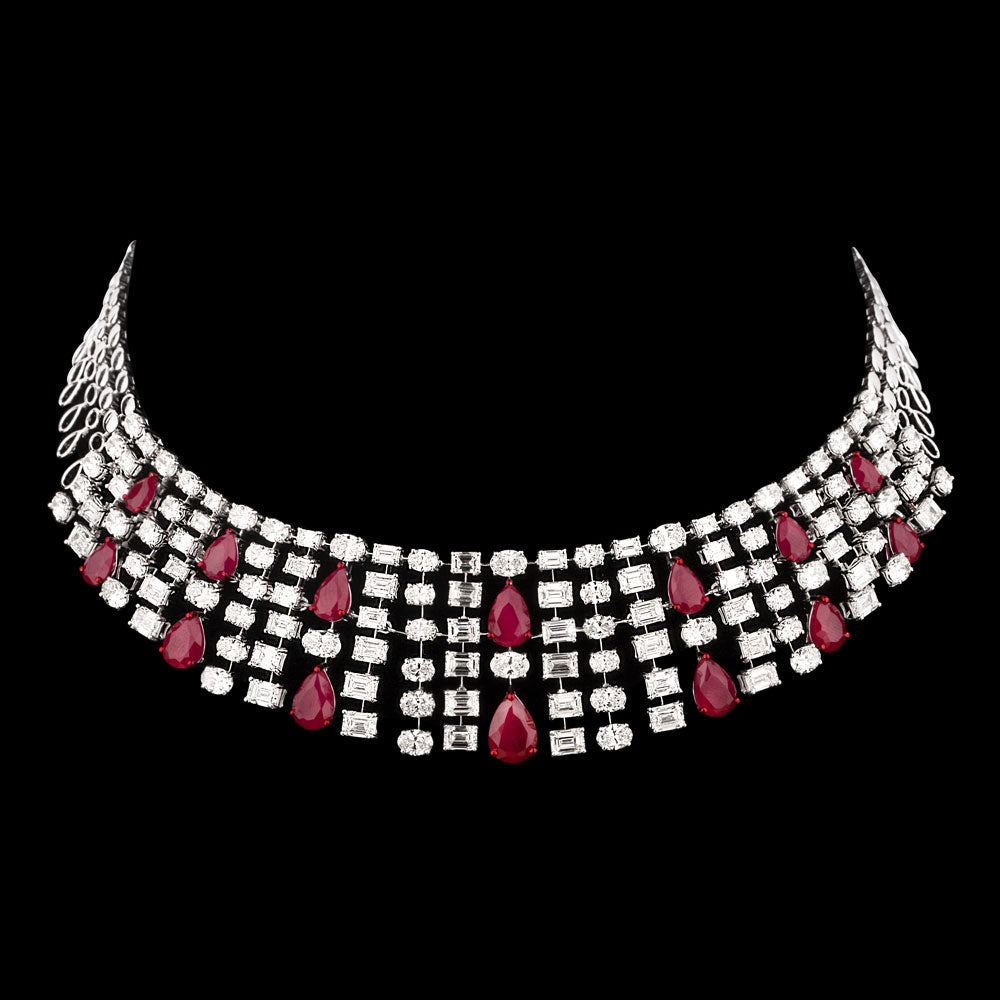 14K White Gold Diamond Necklace - 28.36ct VS-SI-GH with Colour Stones
