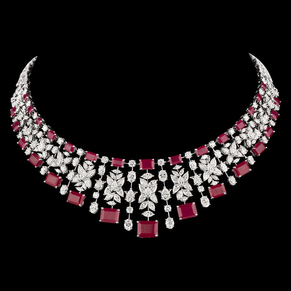 14K White Gold Diamond Necklace - 25.657ct VS-SI-HI with Colour Stones