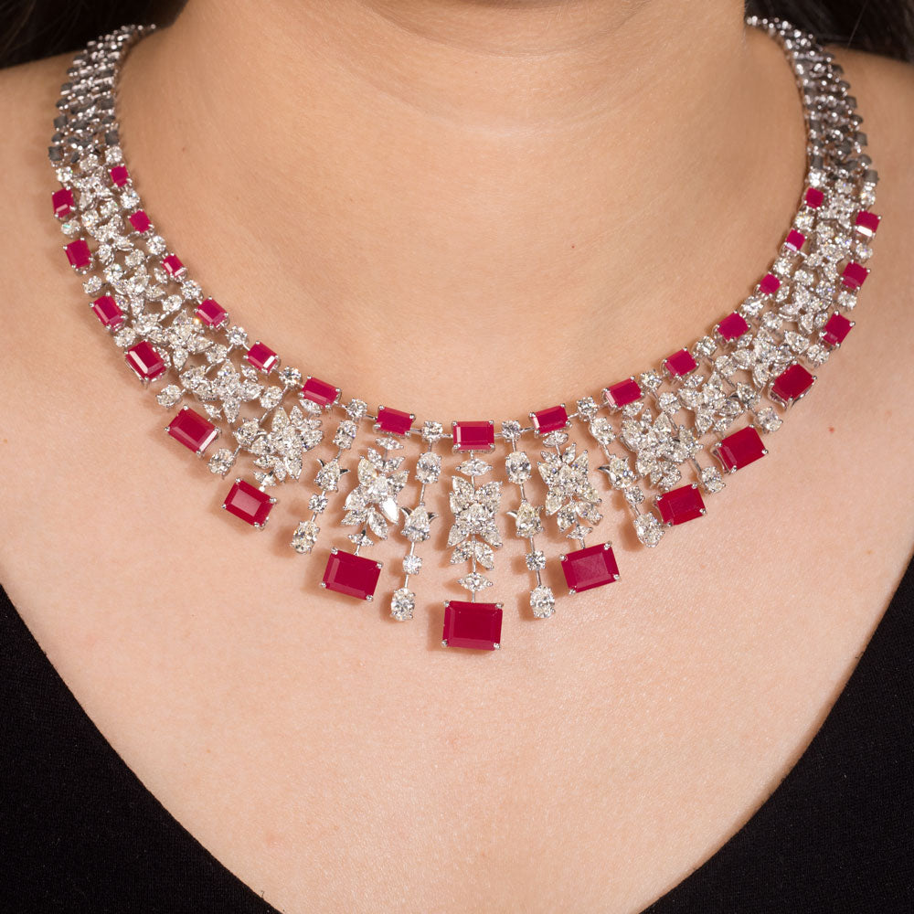 14K White Gold Diamond Necklace - 25.657ct VS-SI-HI with Colour Stones