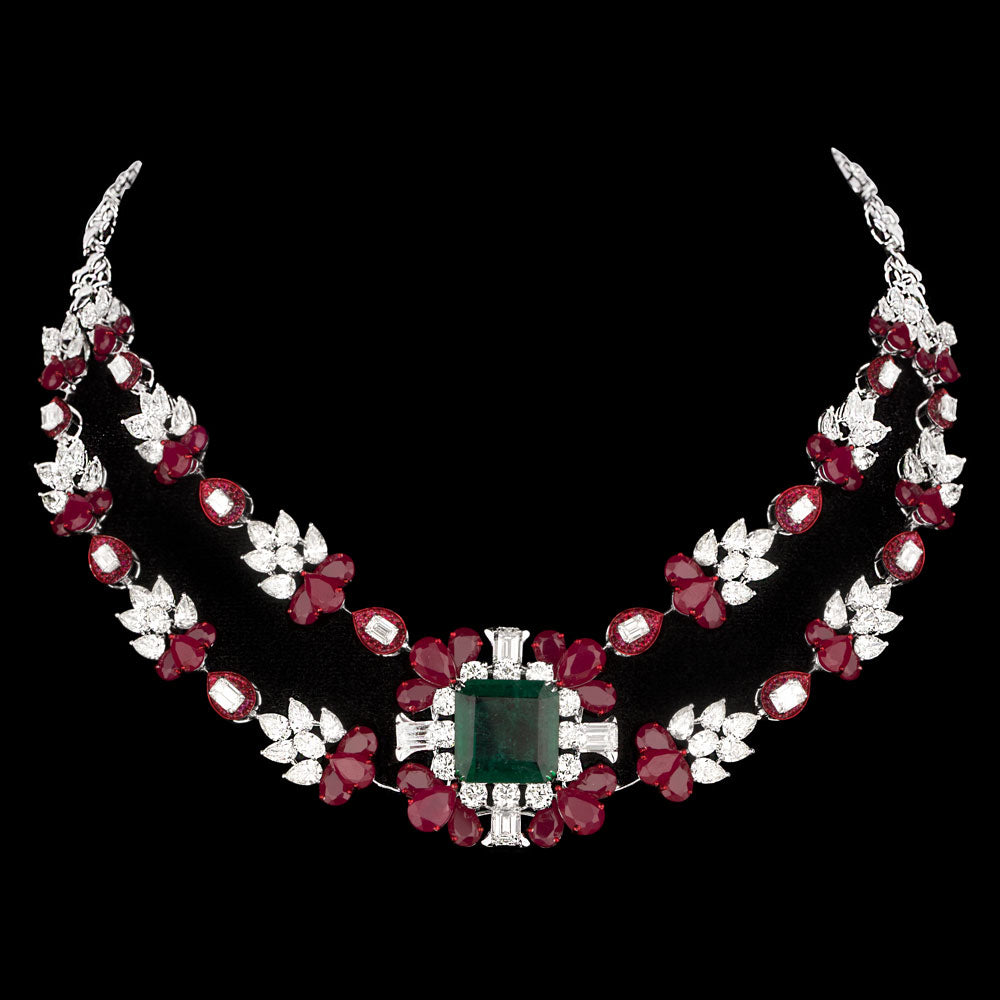 14K White Gold Diamond Necklace - 29.939ct VVS-VS-IJ with Colour Stones