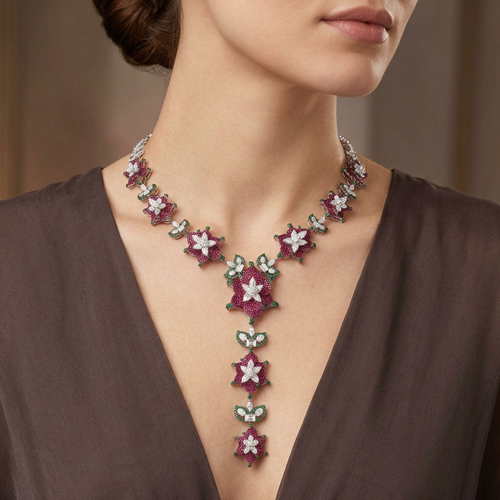14K White Gold Diamond Necklace - 21.669ct VS-SI-JK with Colour Stones