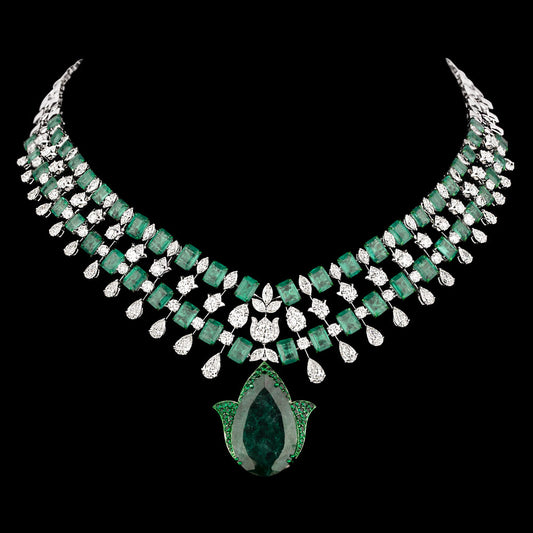 18K White Gold Diamond Necklace - 24.061ct VS-SI-IJ with Colour Stones
