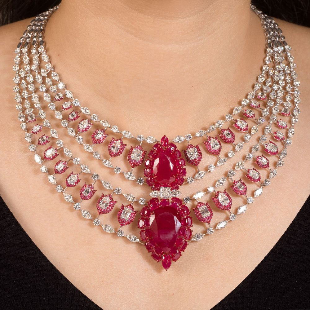 14K White Gold Diamond Necklace - 41.919ct VS-SI-HI with Colour Stones