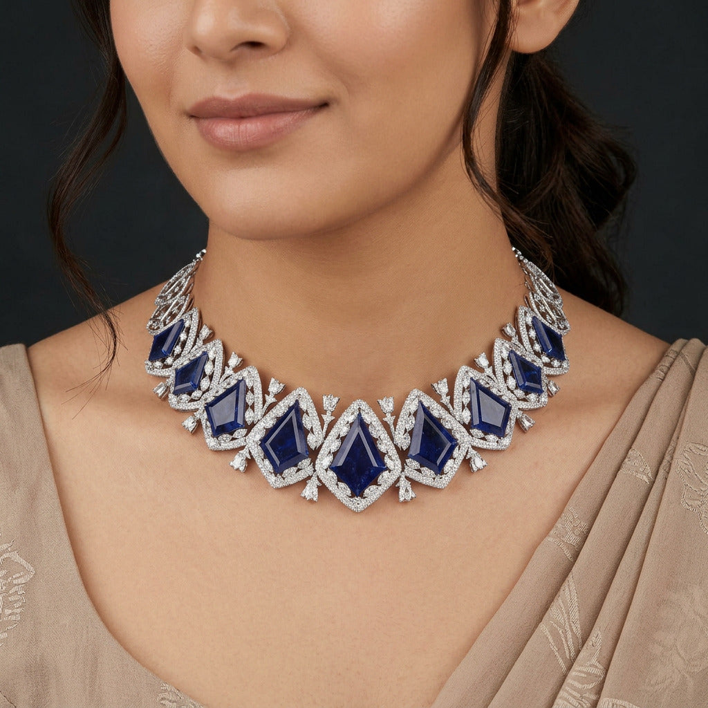 14K White Gold Diamond Necklace - 27.599ct VS-SI-JK with Colour Stones
