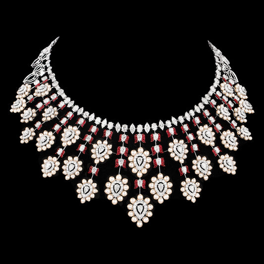 14K White Gold Diamond Necklace - 35.143ct VVS-VS-FG with Colour Stones