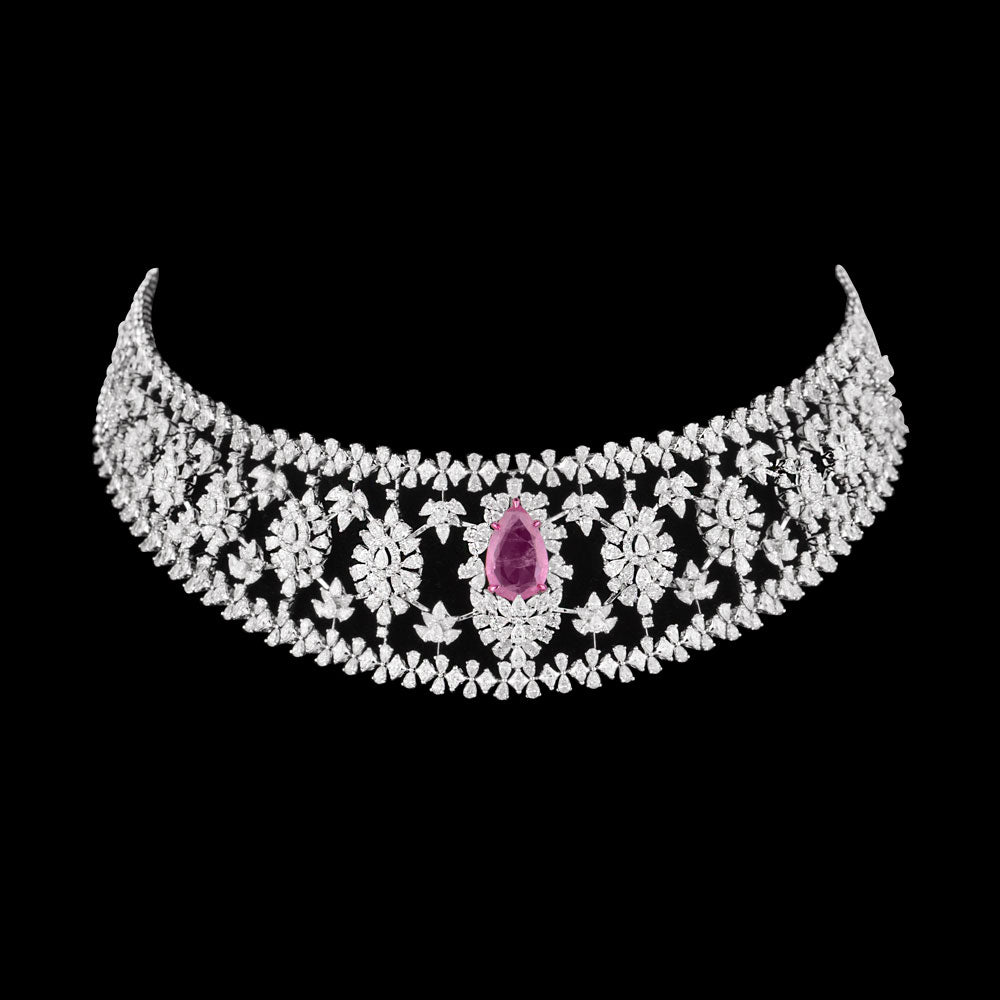 14K White Gold Diamond Necklace - 21.436ct VVS-VS-EF with Colour Stones