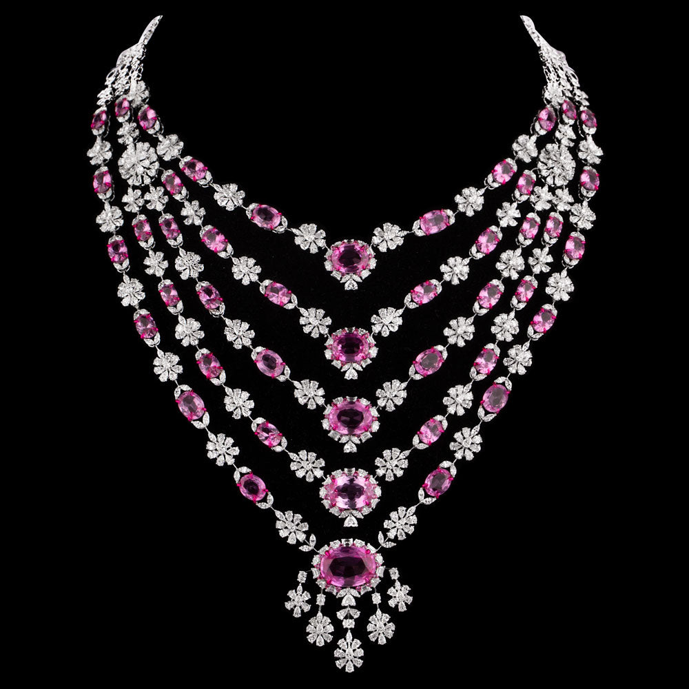 18K White Gold Diamond Necklace - 46.974ct VVS-EF with Colour Stones