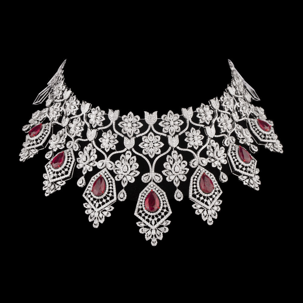 18K White Gold Diamond Necklace - 34.951ct VVS-EF with Colour Stones