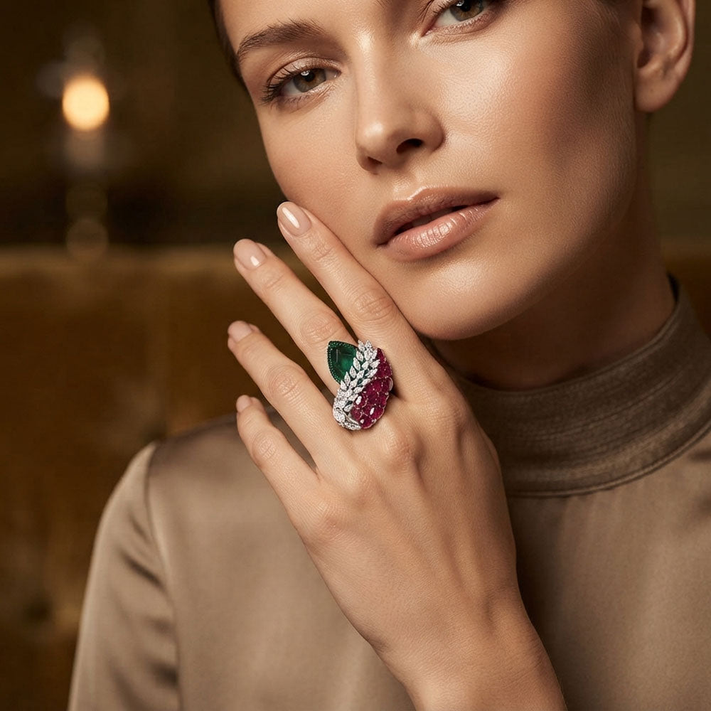 18K White Gold Diamond Ring - 1.003ct VVS-VS-EF with Colour Stones