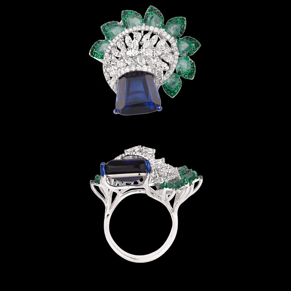 18K White Gold Diamond Ring - 1.508ct VVS-VS-EF with Colour Stones