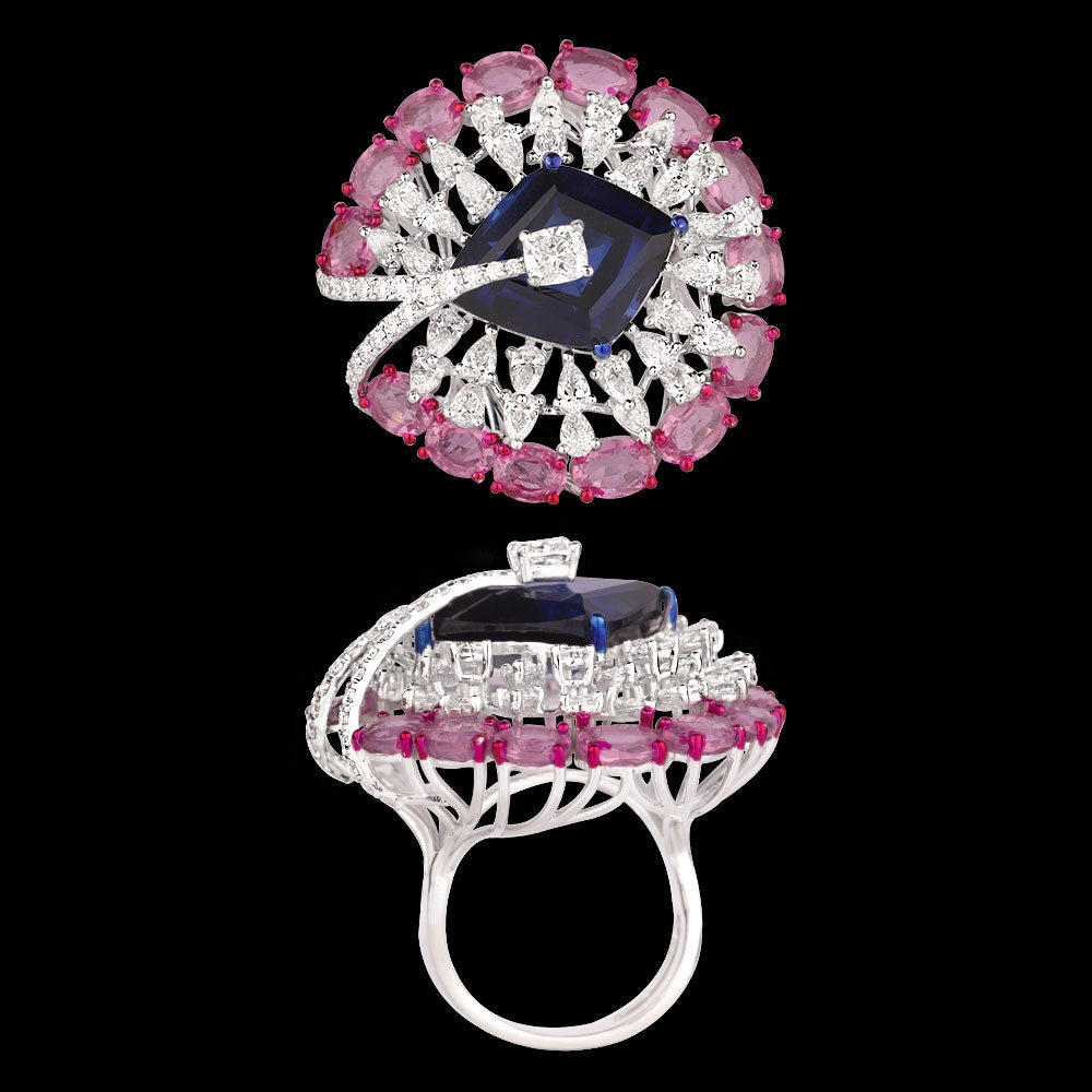 18K White Gold Diamond Ring - 3.23ct VVS-VS-EF with Colour Stones